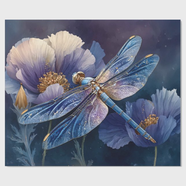 Papel De Regalo Libélula Azul con Decoupage de Alas Doradas (Superficie plana)