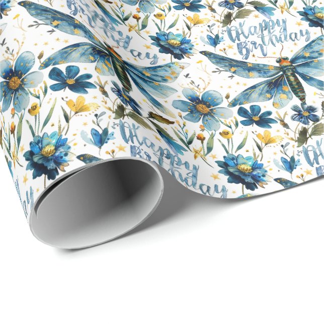 Papel de Regalo Libélula Azul Feliz Cumpleaños (Esquina del rollo)