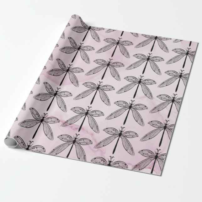 Papel De Regalo Libélula Insecto Amante Rosa (Desenrollado)
