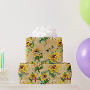 Papel De Regalo Libélulas y Girasoles Amarillo Verde Marrón