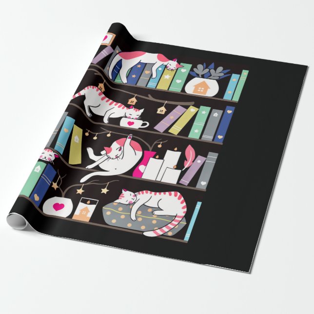 Papel De Regalo Library cats winter colour version (Desenrollado)