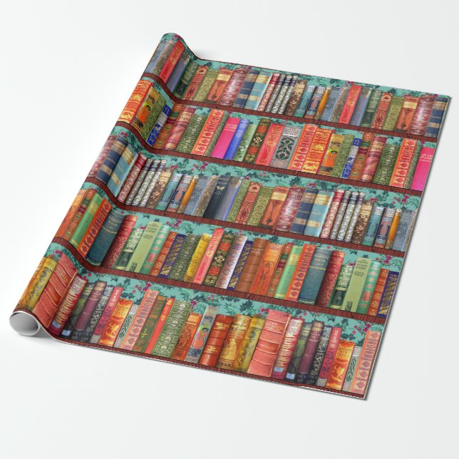 Papel De Regalo Librería de Navidades, holly, libros antiguos (Desenrollado)