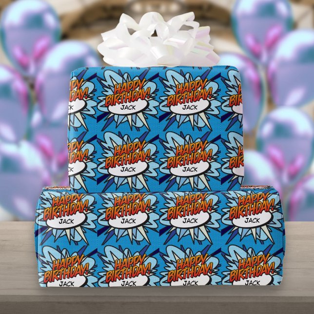 Papel De Regalo Libro de Cómic de Cumpleaños Personalizado Arte Po (Personalised HAPPY BIRTHDAY Comic Book Pop Art Wrapping Paper)