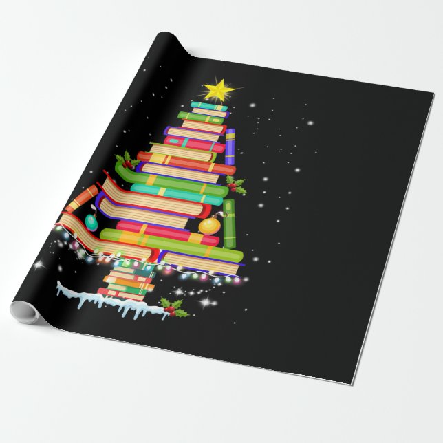 Papel De Regalo libro de Navidad árbol de feliz bibliotecario de N (Desenrollado)
