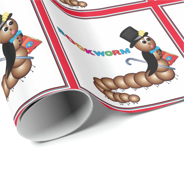 Papel De Regalo Libro Gusano en sombrero superior, bastón y libro (Esquina del rollo)