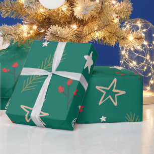 Papel De Regalo Libro Verde de los navidades con estrellas y bayas