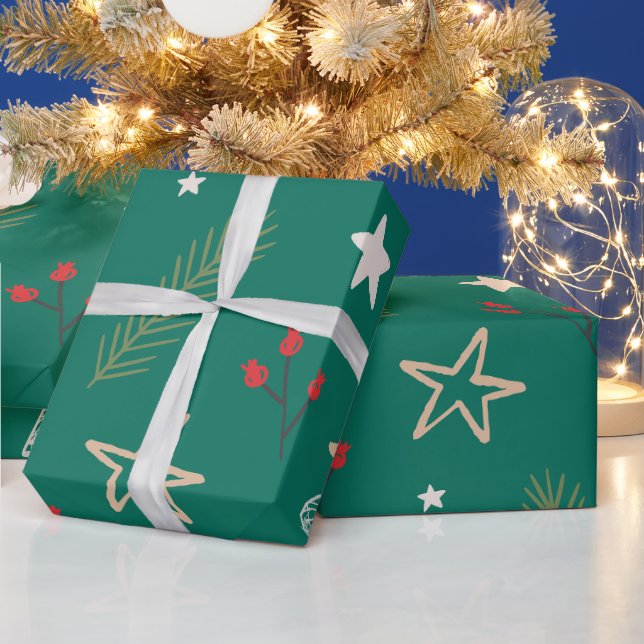 Papel De Regalo Libro Verde de los navidades con estrellas y bayas (Vacaciones)