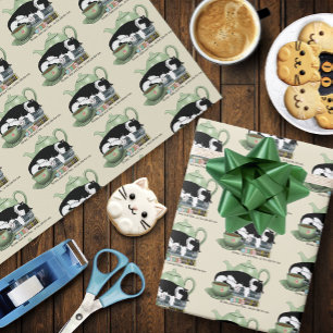 Papel De Regalo Libros Acogedores Gato Esmoquin Té Tetera Verde Li