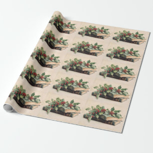Papel De Regalo LIBROS ANTIGUOS Y HOLLYBERRIES Patrón de Navidad