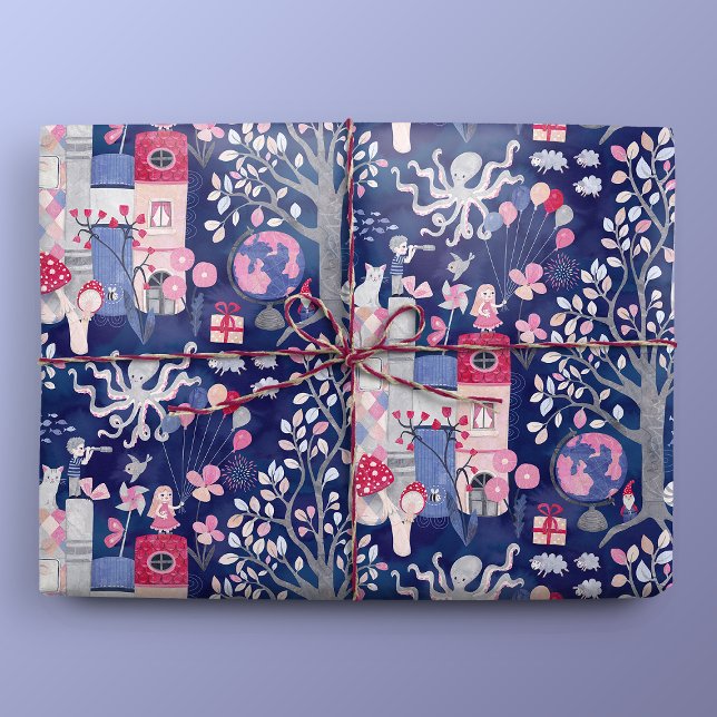 Papel De Regalo Libros de cuento de hadas y criaturas mágicas azul (Gift Mockup)