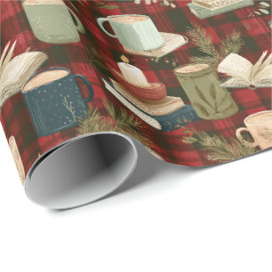 Papel De Regalo Libros Tazas de Café Velas Plaid Rojo de Navidad 