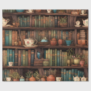 Papel De Regalo Libros, tetera y plantas en estantes