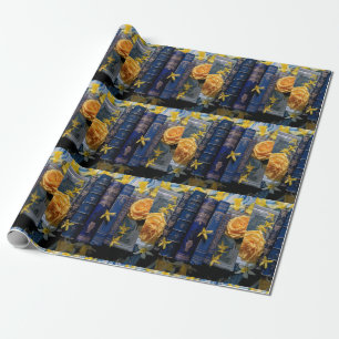 Papel De Regalo Libros y flores (azul y amarillo)