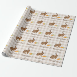 Papel De Regalo Liebre Marrón y Zanahorias Feliz Pascua Cuadros Be