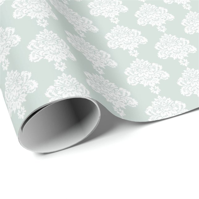 Papel de regalo Light Seafoam | Damask Blanco (Esquina del rollo)