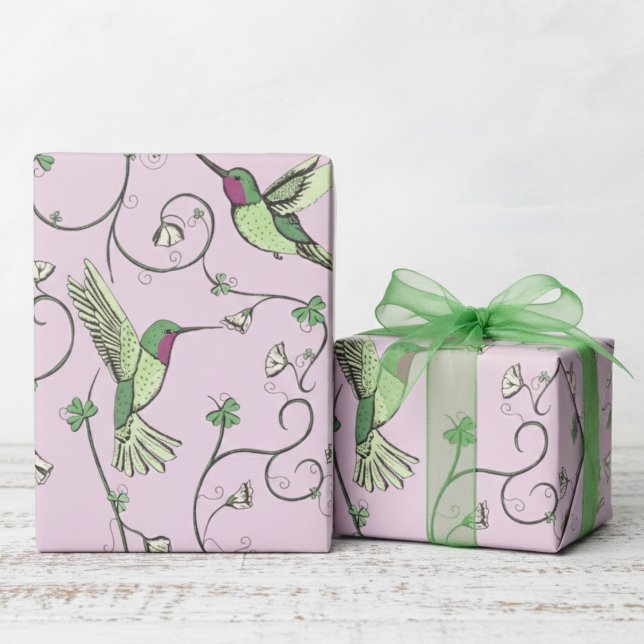 Papel De Regalo Lilac Shamrock Vine Hummingbird Pattern (Pink St Patrick's Day Irish Gift Wrap. Whimsical Floral Hummingbird, Green Clover, Lucky Shamrocks)
