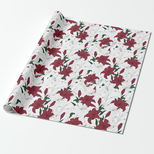 Papel De Regalo Lilies de Navidades rojos y blancos (Desenrollado)