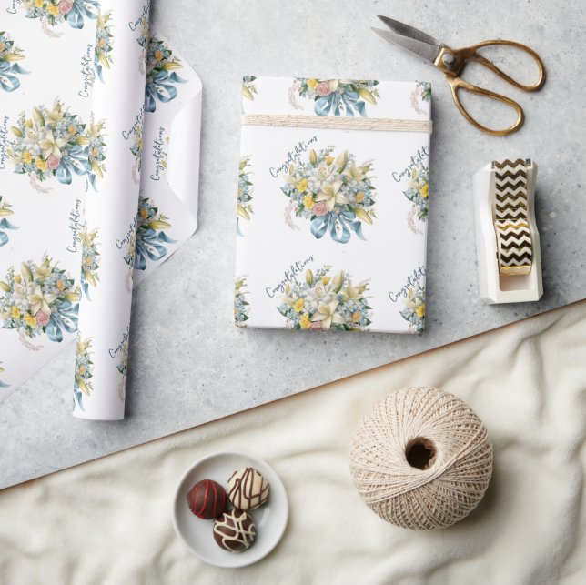 Papel De Regalo Lilis blancas y Bouquet Boda Cinta azul (Artesanía)