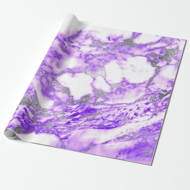 Papel De Regalo Lilla Morado Plata Marble Blanco Brillo (Desenrollado)