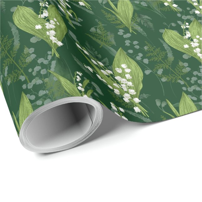 Papel De Regalo Lily of Valley con Ferns || Verde oscuro (Esquina del rollo)