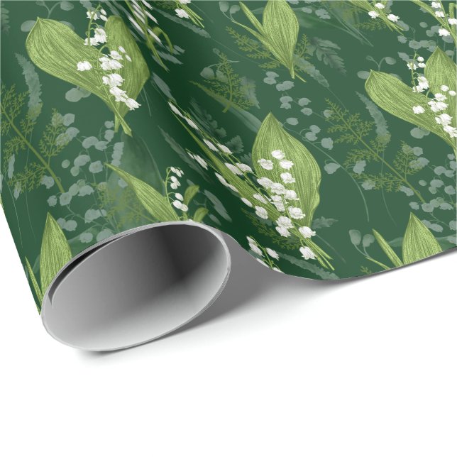 Papel De Regalo Lily of Valley con Ferns || Verde oscuro (Esquina del rollo)