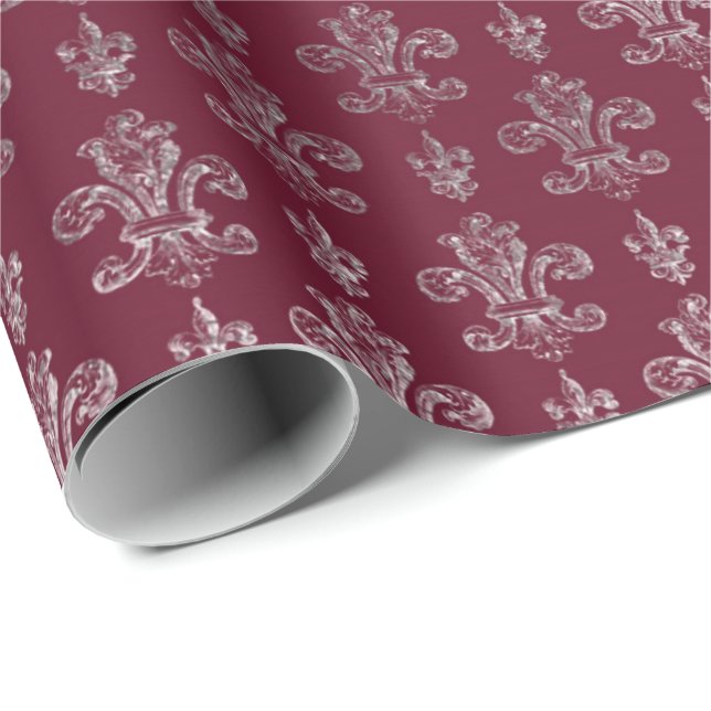 Papel De Regalo Lily Royal Damask Maroon Burgundy Silver (Esquina del rollo)