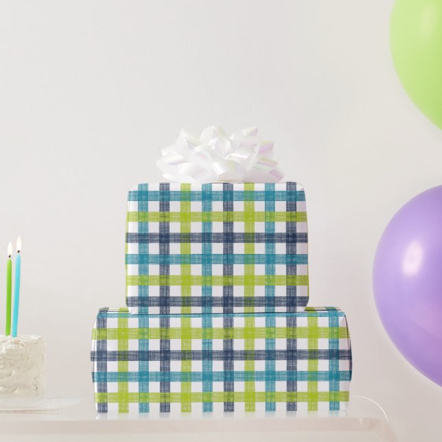 Papel De Regalo Lime Green, Naval y Turquesa Blue Plaid (Regalos de fiesta)