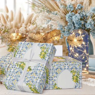 Papel De Regalo Limon con azulejo azul italiano