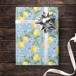 Papel De Regalo Limón y Flores Acuarela Azul