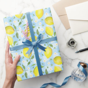Papel De Regalo Limoncillos y Margaritas Cuadros Azules