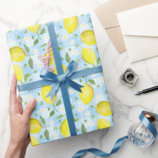 Papel De Regalo Limoncillos y Margaritas Cuadros Azules