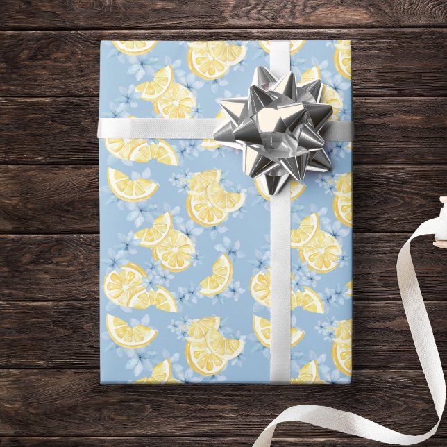Papel De Regalo Limoncitos y Flores Acuarela Azul (Stunning Watercolor Lemon Slices and Blue Floral Flower Wrapping Paper)