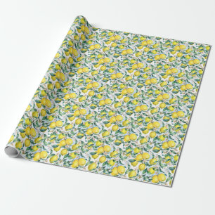 Papel De Regalo Limones acuarelas, rama de cítricos fresca.
