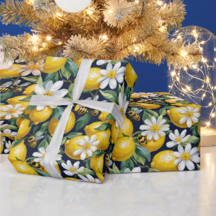 Papel De Regalo Limones amarillos frescos con abejas ocupadas y fl