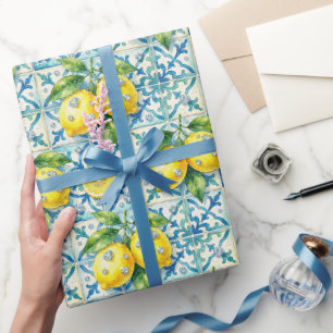 Papel De Regalo Limones de Amalfi, Diamantes y Baldosas Mediterrán