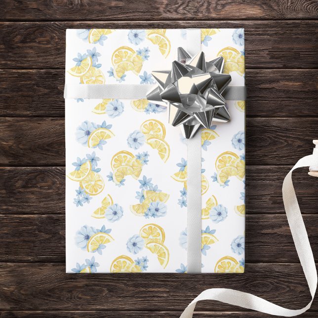 Papel De Regalo Limones y flores cortados a la acuarela (Watercolor Lemon & Blue Flower Gift Wrap for Baby Shower, Birthday or Main Squeeze Bridal Shower)