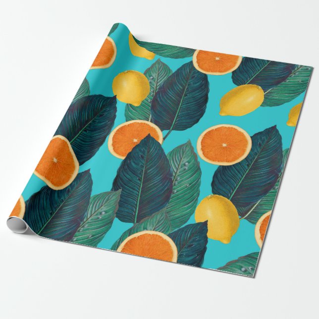Papel De Regalo limones y naranjas verde azulados (Desenrollado)