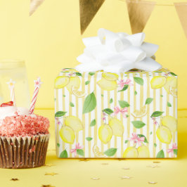 Papel De Regalo Limonete Coqueta Lazos Rosados Y Rayas Amarillas