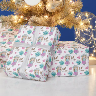Papel De Regalo Linda Niña de la Flor Azul Cerdo Acuarela