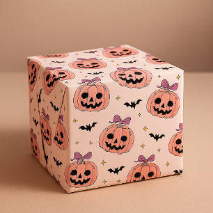 Papel De Regalo Lindas Calabazas de Halloween Rosadas y Murciélago