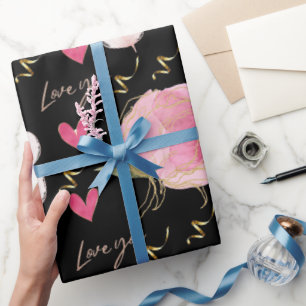 Papel De Regalo Lindo Amor Moderno Tú Corazones Florales Negro