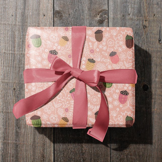 Papel De Regalo Lindo Bellota Rosa Otoño (Cute Fall Pink Autumn Acorn Wrapping Paper)