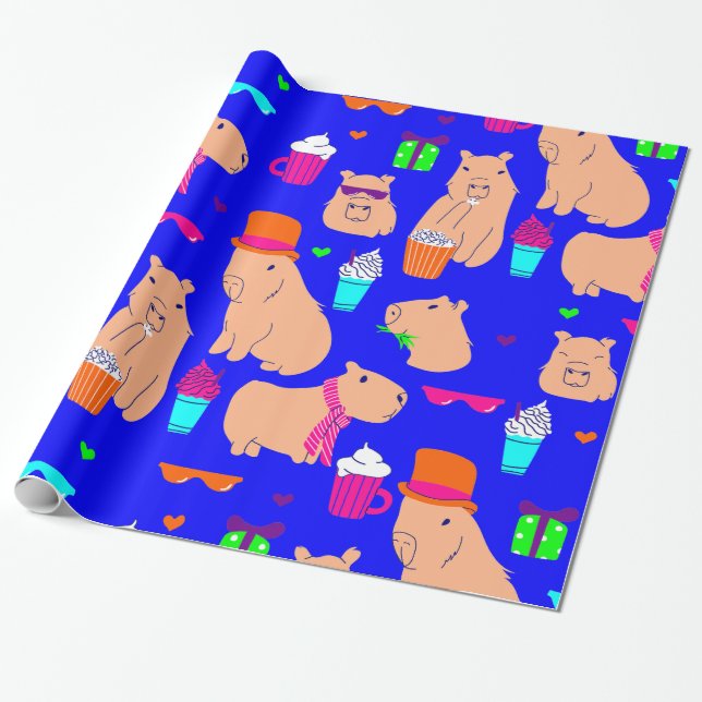 Papel De Regalo lindo capibara divertido azul (Desenrollado)