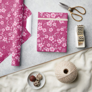 Papel De Regalo Lindo floral rosa pequeño con fondo magenta