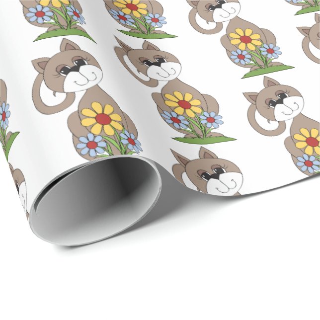 Papel De Regalo lindo gatito con flores (Esquina del rollo)