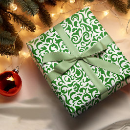 Papel De Regalo Lindo patrón floral de damasco verde oscuro blanco
