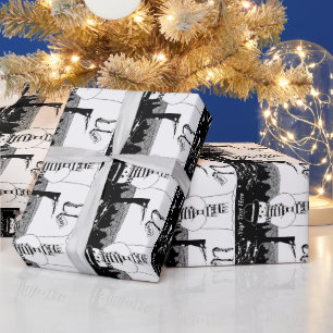 Papel De Regalo lindo snowman sonriendo escena de nieve negro y bl