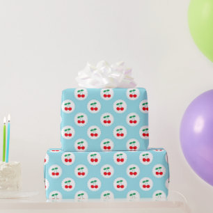 Papel De Regalo Lindo verano vintage azul, blanco y rojo con cerez