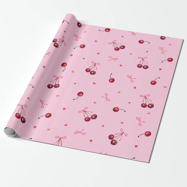 Papel De Regalo Lindos lazos de cerezas rojas corazones en rosa (Desenrollado)