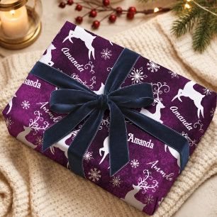 Papel De Regalo Lindos Reno Ciervo Purpura Copos de Nieve